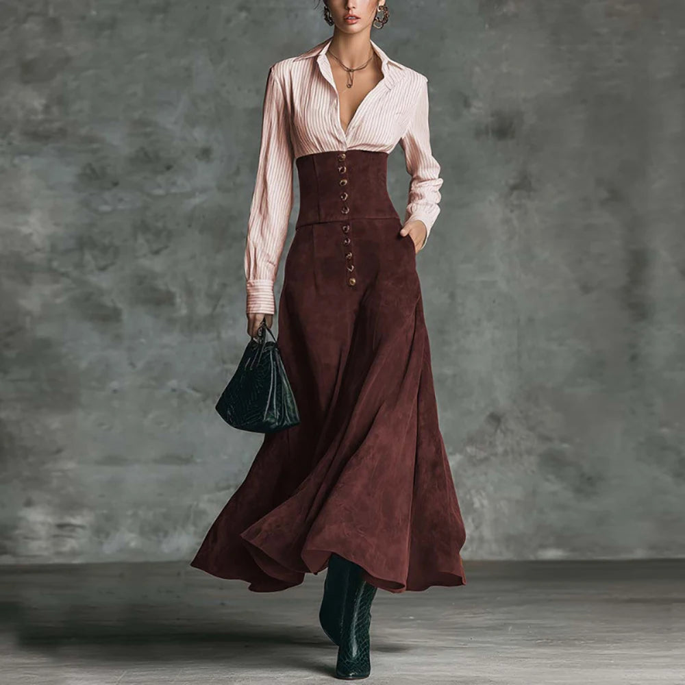 Women Elegant Light Pink Vertical Stripe Shirt Dress Chic High Waist Button Vintage Spring Maxi Dress Female Office Lady Dresses