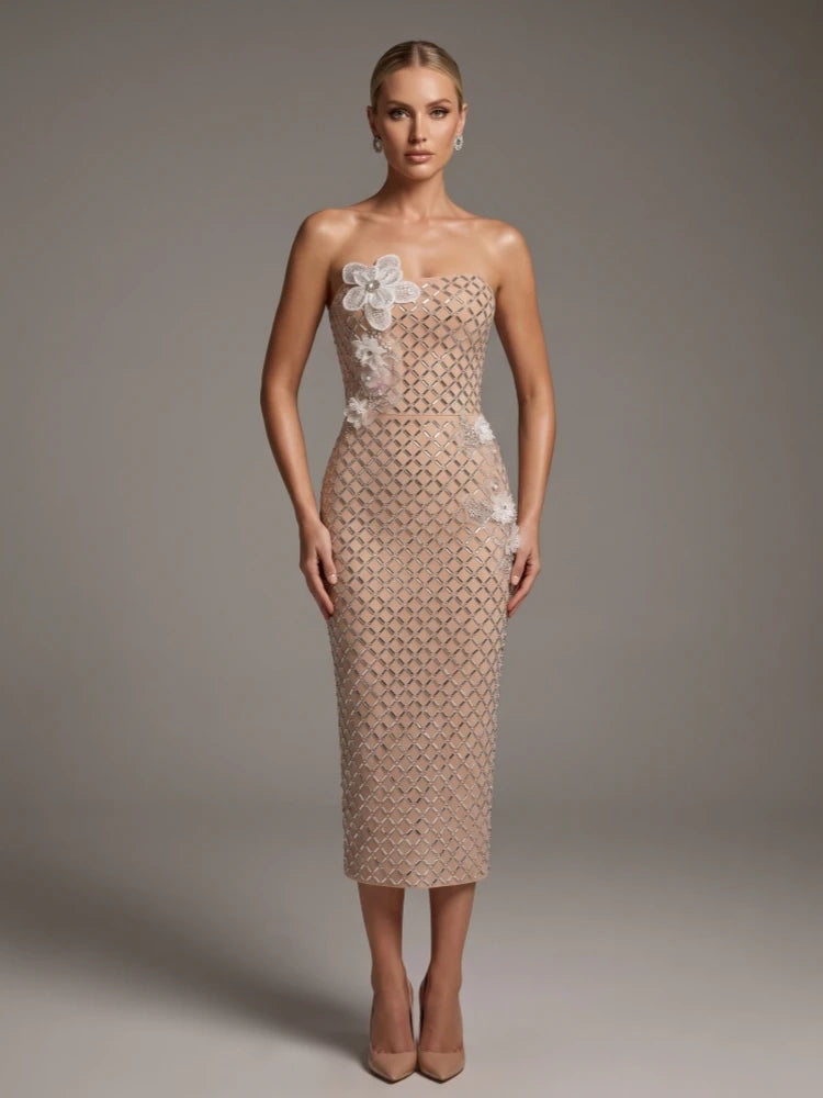 Sexy Strapless Luxury Diamonds Floral Sequined Midi Dress Women Apricot Sleeveless Backless Crystal Dresses Evening...