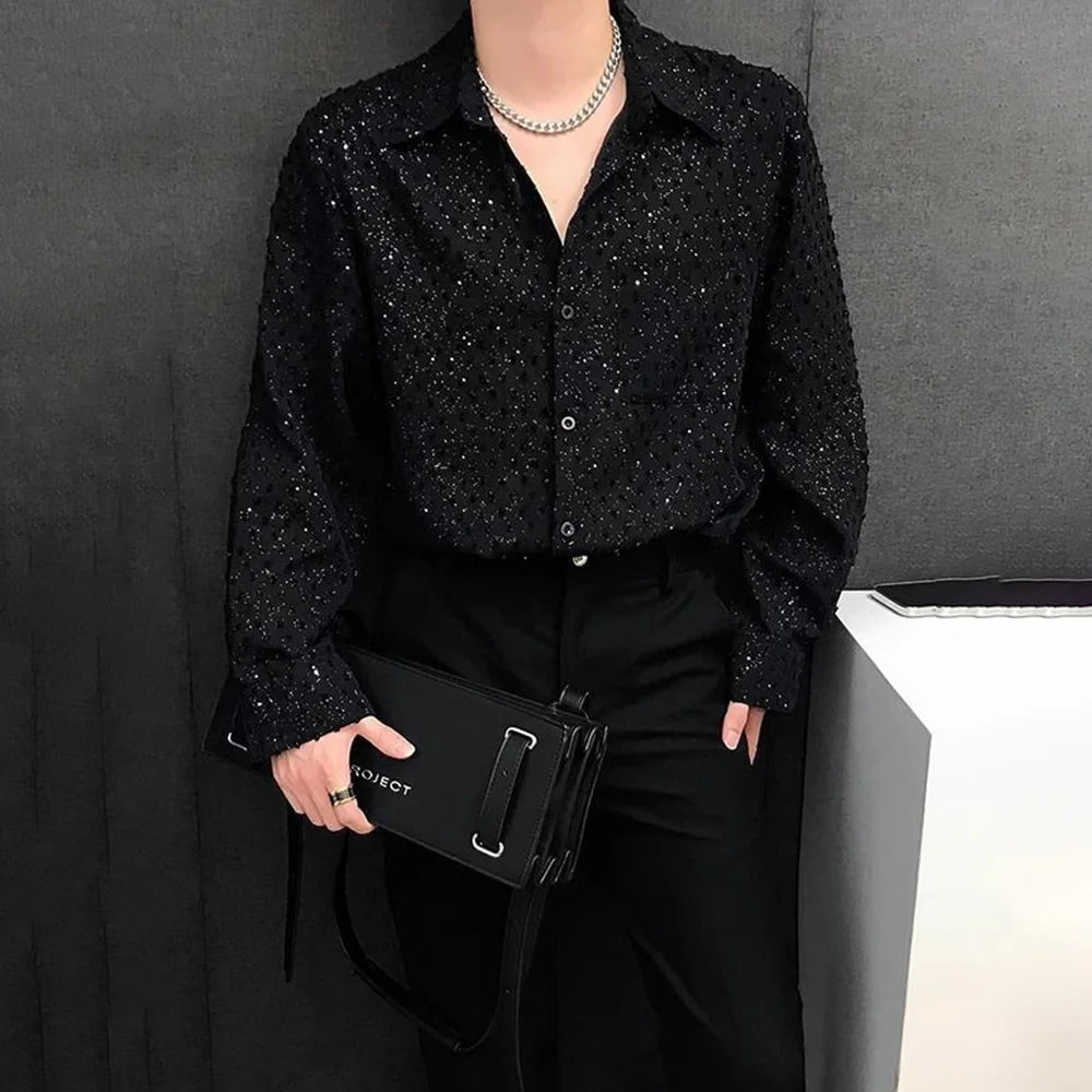 2025 Summer New Men's Starry Sky Hot Diamond Long Sleeve Shirt Korean Fashion Trend Retro Luxury Niche Party Stage Male Tops