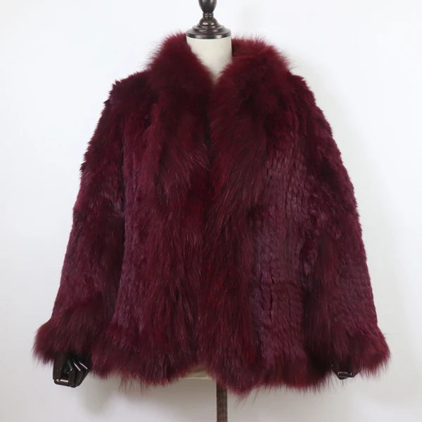 Hot Women Knitted 100% Real Rabbit Fur Shawl Winter Warm Genuine Rabbit Fur Pashmina Coat With Fox Fur Collar For Female...