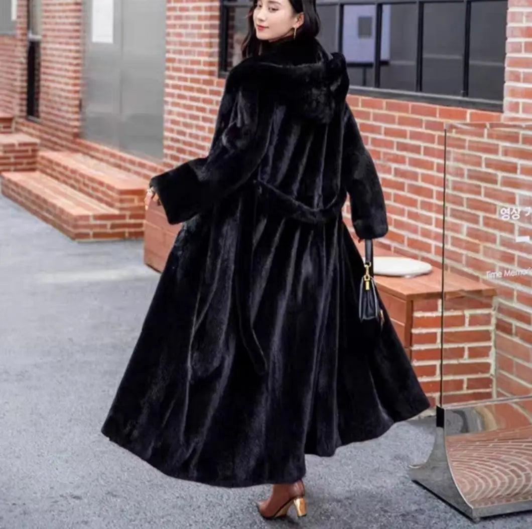 Women Thick Maxi Jacket Y2k Autumn Winter Belt Faux Fur Maxi Coat Long Warm Luxury Belt Fur Black Parkas Bontjas Furry Outerwear