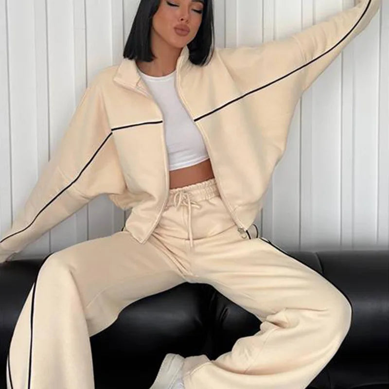 Zekye Women's Clothing Long-sleeved Semi-turtleneck Cardigan Sweater Strappy Striped Trousers Women's Suit Collection 2025 - Kimlud