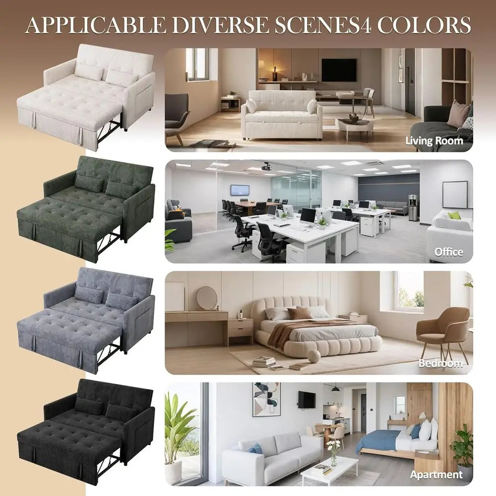 Green Corduroy 3-in-1 Sleeper Sofa with Pull-Out Bed, Storage and USB Ports for Small Living Spaces - Kimlud