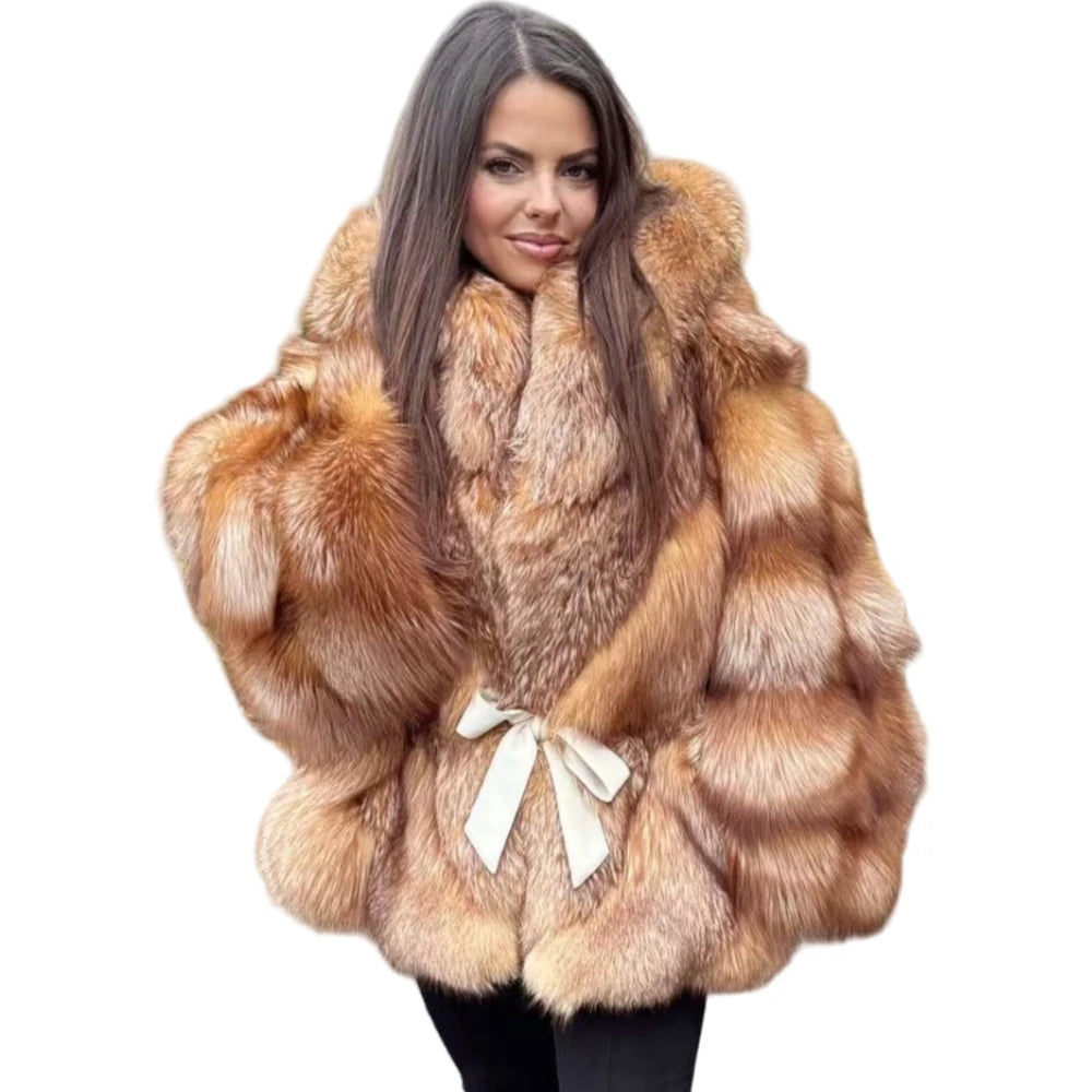 Hot Sale GoldRed Women's Hooded Fox Fur Coat with Batwing Sleeves Double-Sided Natural Fur Jacket Ladies Outerwear