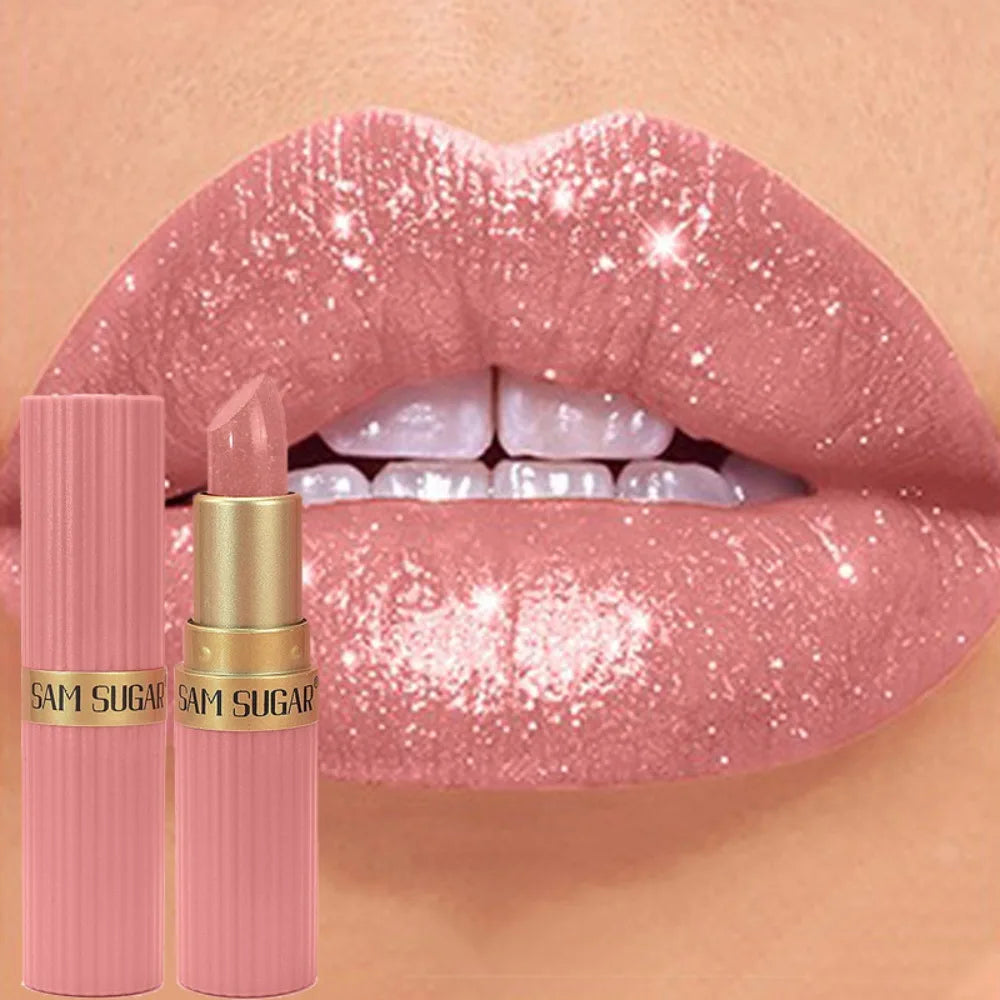 Nude Pink Luxurious Metallic Glitter Lipstick Long-Lasting Waterproof Non-Fade Shimmery Pearl Sparkling Brown Lip Gloss Makeup