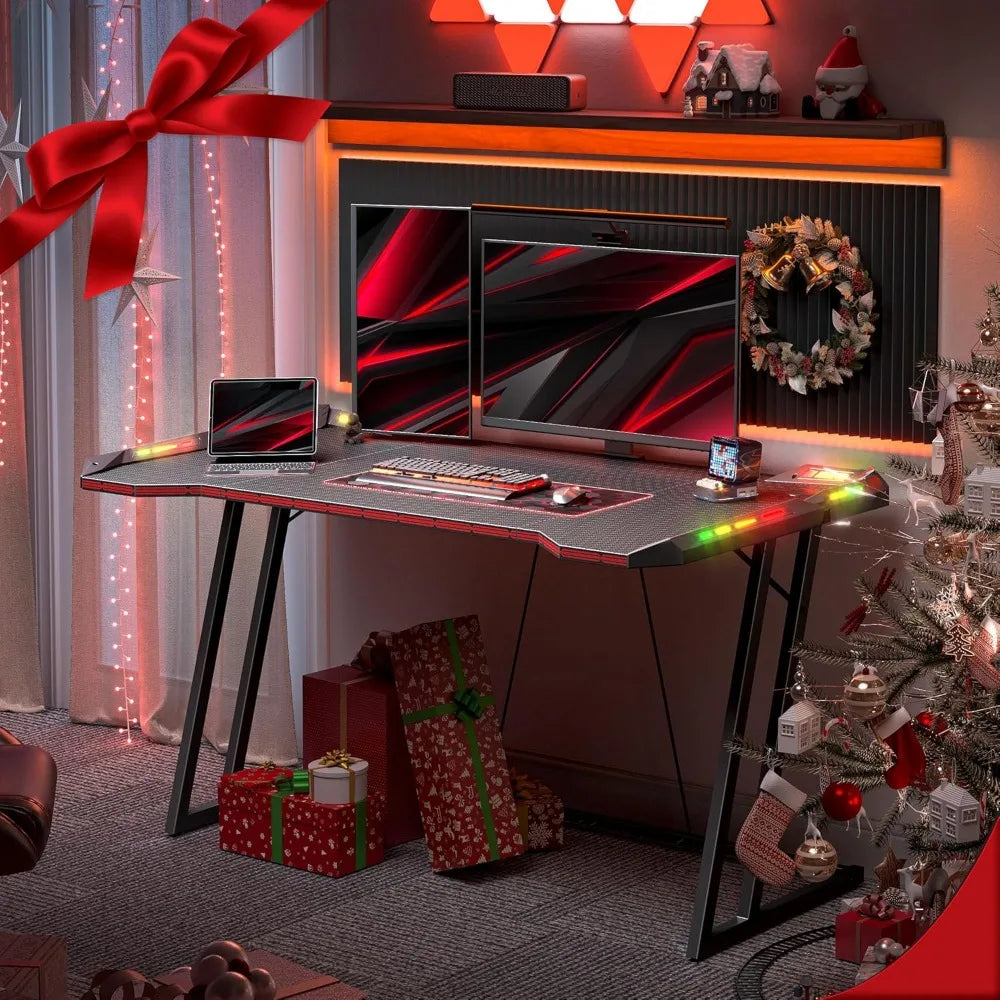 LED-Illuminated 47 Z-Shaped Gaming Desk with Carbon Fiber Surface for Ergonomic Home Gaming