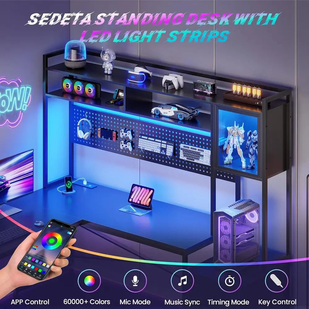 L-Shaped Gaming Desk with Drawers, Reversible, LED-lit, Black, for Dual Players with Power Outlets | Kimlud Luxury Home