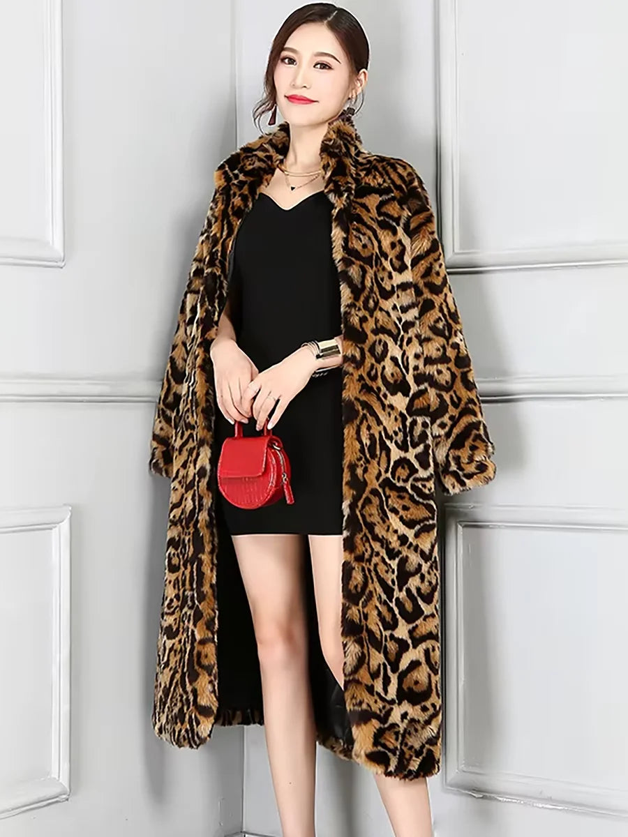 Nerazzurri Autumn Winter Long Thick Warm Colorful Leopard Print Fluffy Faux Fur Coat Women Stand Collar Luxury Furry Overcoat