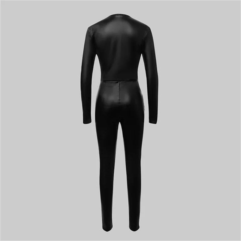 Oshoplive Women's Fashion Black Faux Leather Zipper Jumpsuit 2026 New Long Sleeves High Waist Bodycon Party Night Out Bodysuit