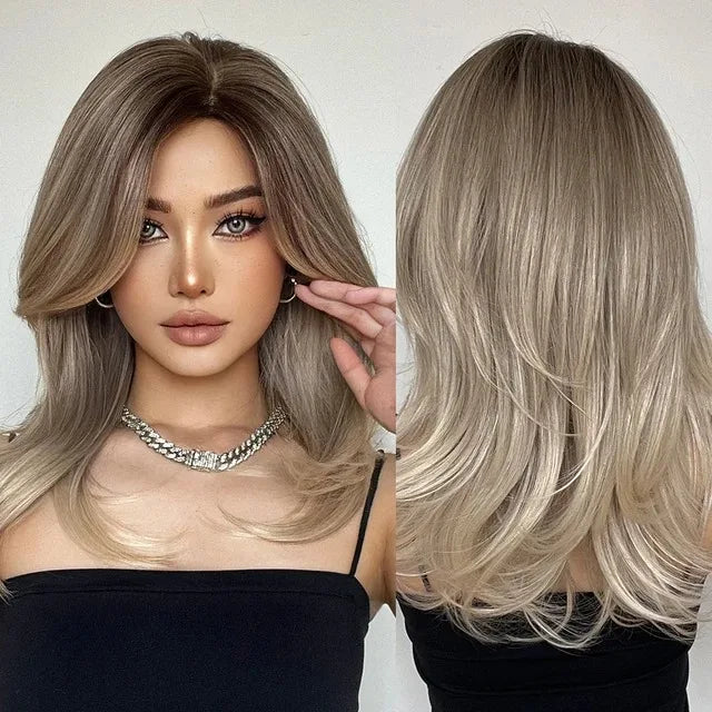 Golden Blonde Mixed Synthetic Wig Dark Root Wavy Hair With Side Bangs for Women Daily Party Cosplay wig Heat Resistant Fiber