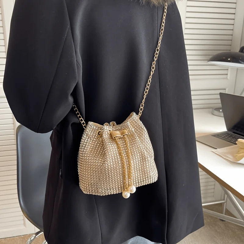 Sparkling Rhinestone Embellished Drawstring Crossbody Bag, Multi-Functional Bucket Purse, Formal Handbag for Women Daily Commute