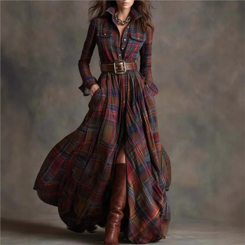 Retro Women's Shirt Maxi Dress Autumn Casual Long Sleeve Button Pocket Plaid Print Lapel Retro Long Dresses For Womem Vestidos