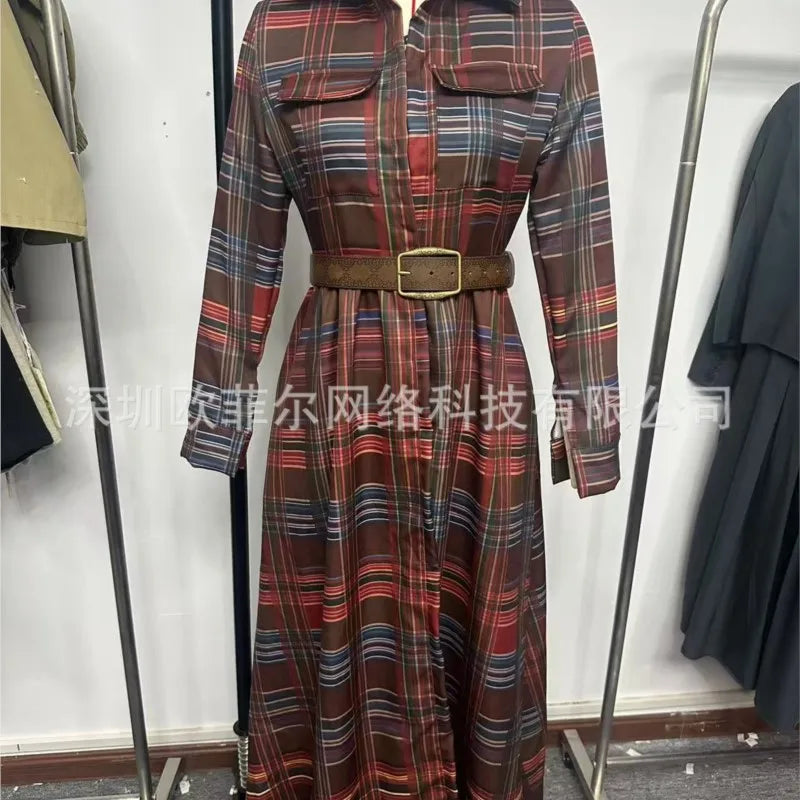 Leisure Grid Printed Long Sleeve Shirts Dress Autumn New Long Sleeve Pocket Dress Elegant Ladies Loose Pleated Commute Dresses