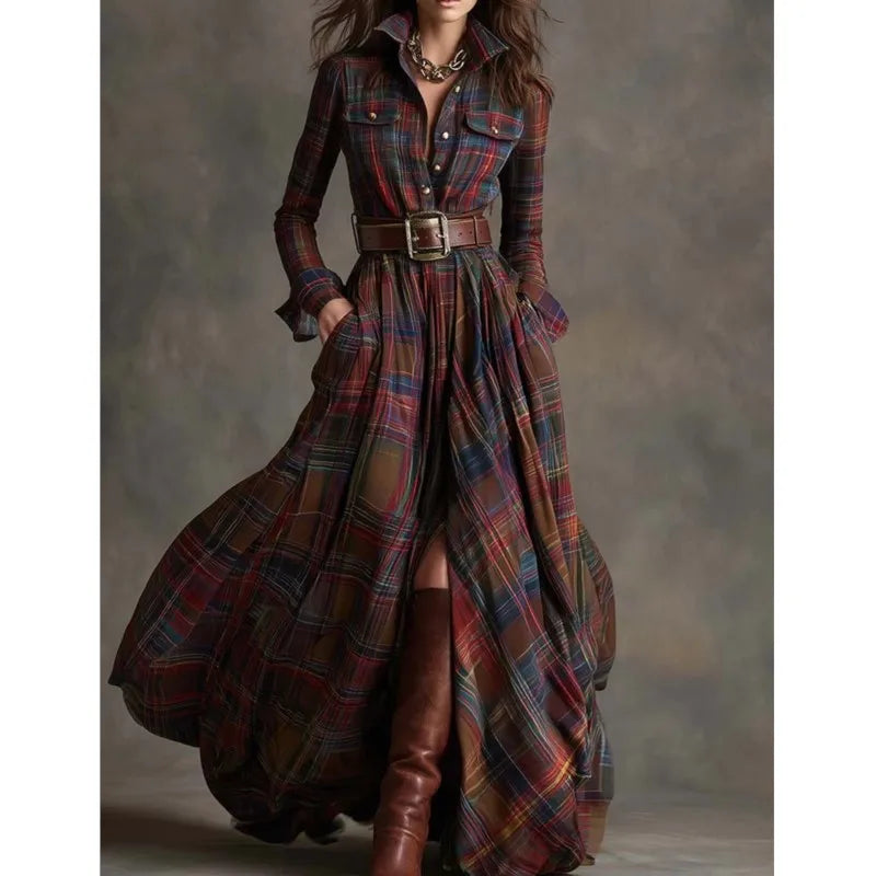 Retro Women's Shirt Maxi Dress Autumn Casual Long Sleeve Button Pocket Plaid Print Lapel Retro Long Dresses For Womem Vestidos