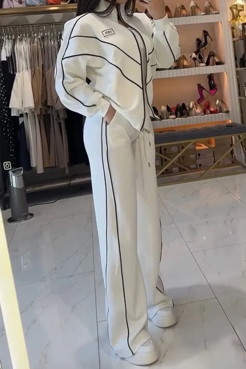Women Fashion Elastic Waist Lace-up Solid Sport Outfits Casual Long Sleeve Loose 2Pc Set Elegant Zip Sweatshirt & Long Pant Suit - Kimlud