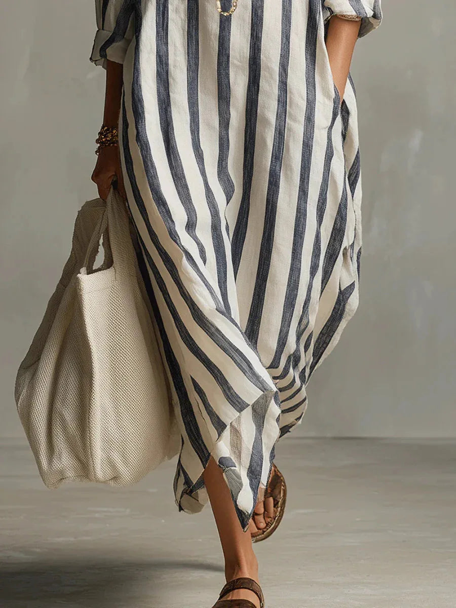 2026Spring Summer Casual Elegant Turn Down Collar Breathable Dress For Women Party Dress Boho Striped Printed Loose Beach - Kimlud
