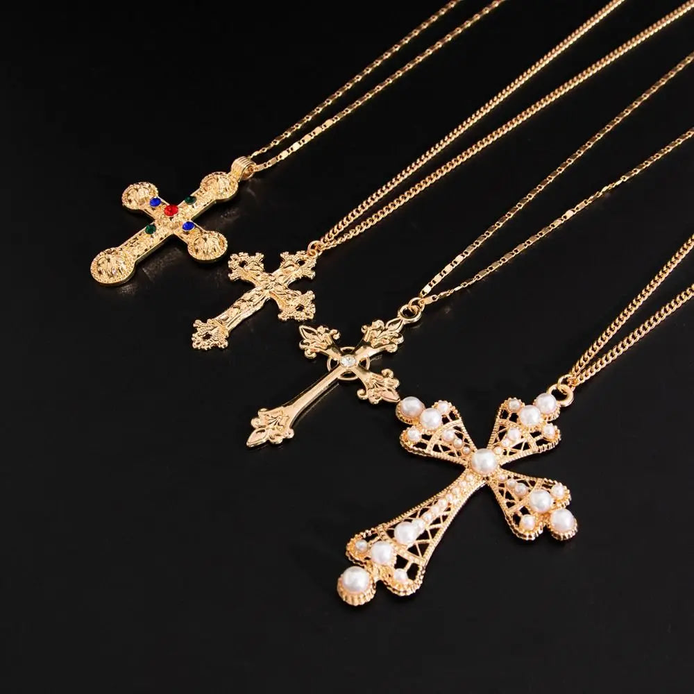 Geometric Ethnic Style Men Necklace Silver Pearl Cross Pendant Necklace Jewelry Accessories Golden Rhinestone Necklace Women