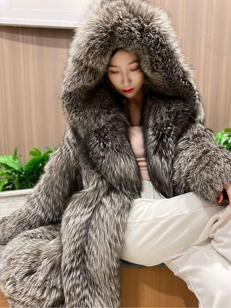DEAT Fashion Silver Fox Over-knee-length Faux Fur Coat Women's Hooded Loose Plush Jacket Winter New 7A2292