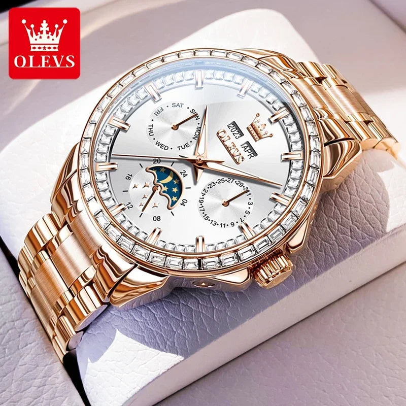 OLEVS 6695 NEW Men's Watches Full Multifunctional Dial Blue Leather Strap Calendar Week Moon Phase Waterproof Wristwatch...