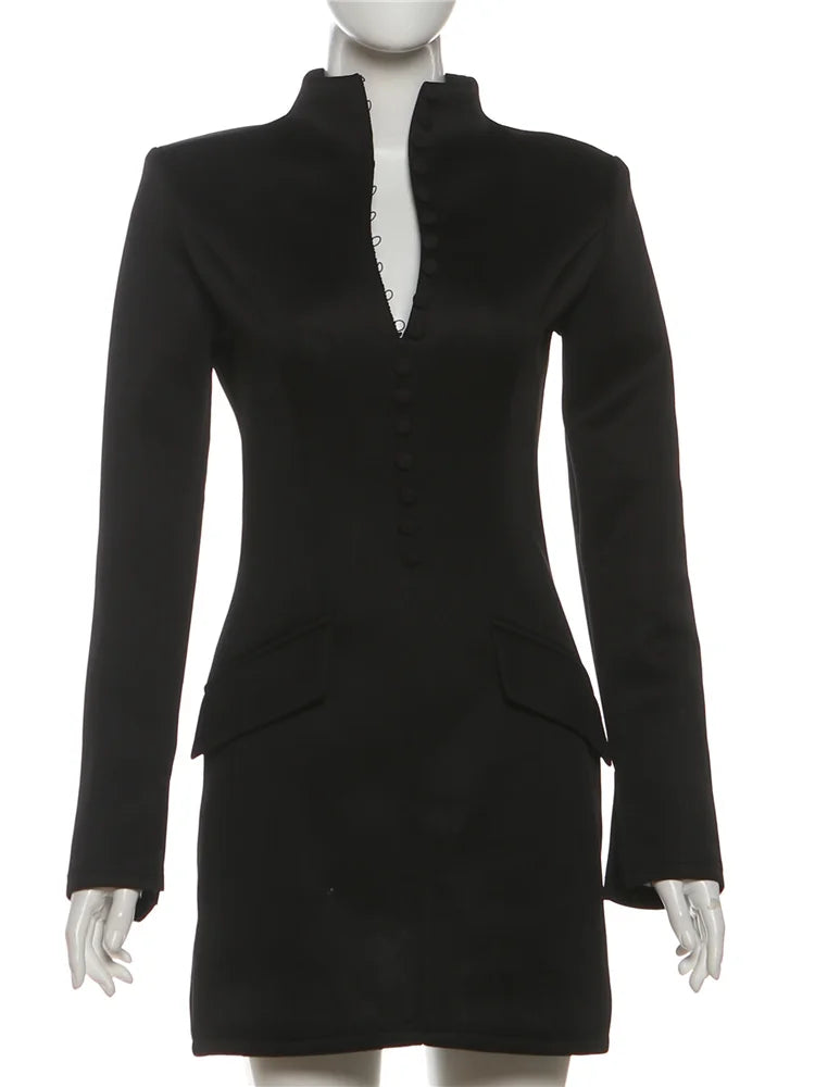 Leosoxs Office Dress Women Autumn Trend Single Breasted Stand Collar Simple Elegant Solid Street Commute Skinny Suit...