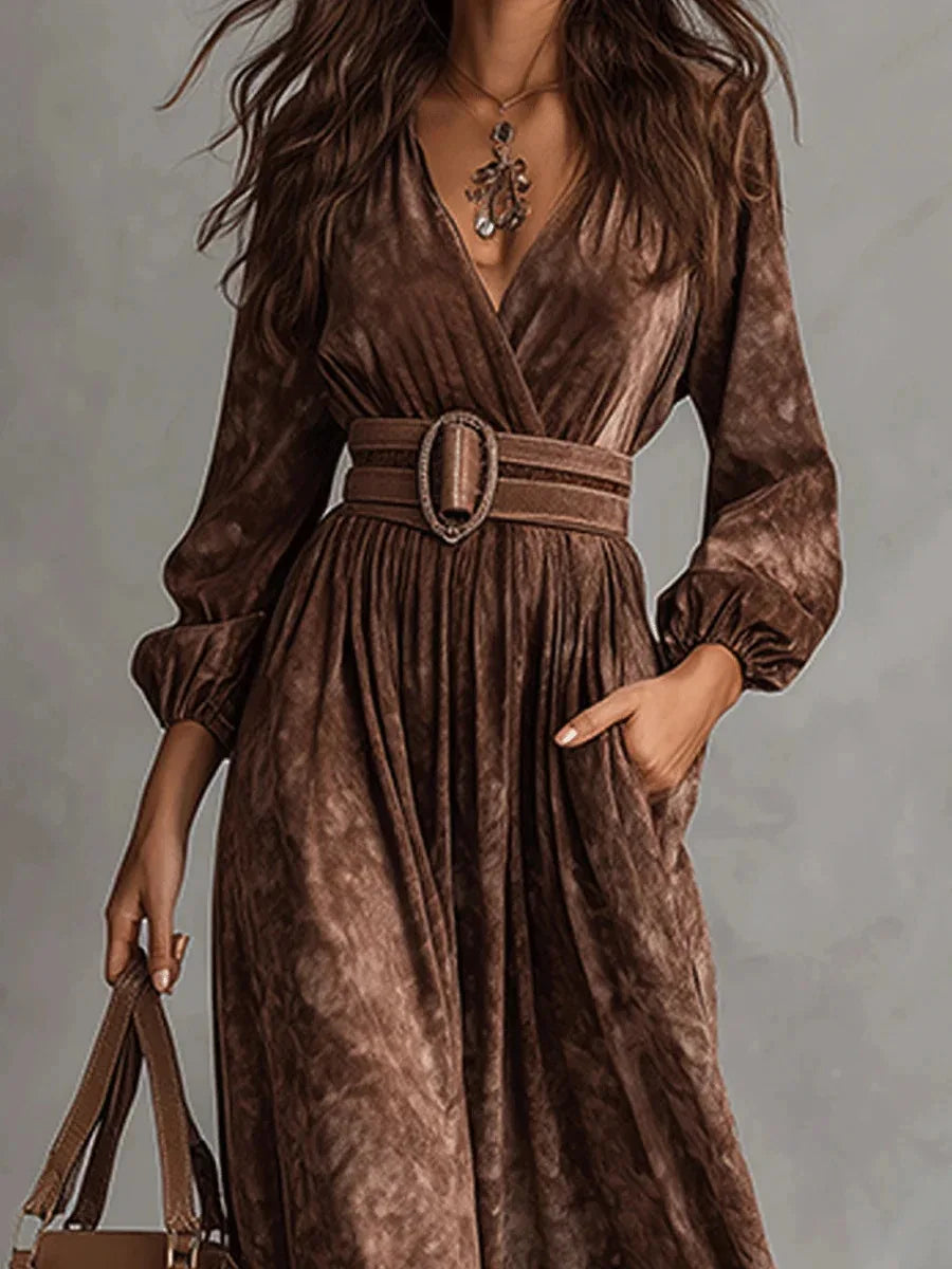 Women's Vintage Paisley Print Maxi Dress Long Sleeve V Neck Zip up High Waist Flowy Long Dress for Autumn Party Evening Wear
