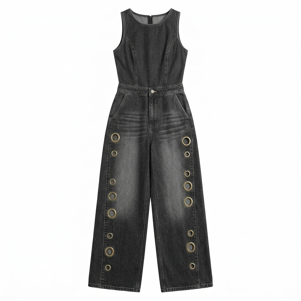 Freeacy Women's Trendy Denim Jumpsuit Sleeveless Round Neck Eyelet Wide Leg Jumpsuit with Pockets for Holiday & Clubwear - Kimlud