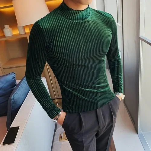 New Gold Velvet T Shirt Men Clothing Fashion Trend Male Luxury Prom Party Long-sleeved Striped Pullover Tops Homme - Kimlud