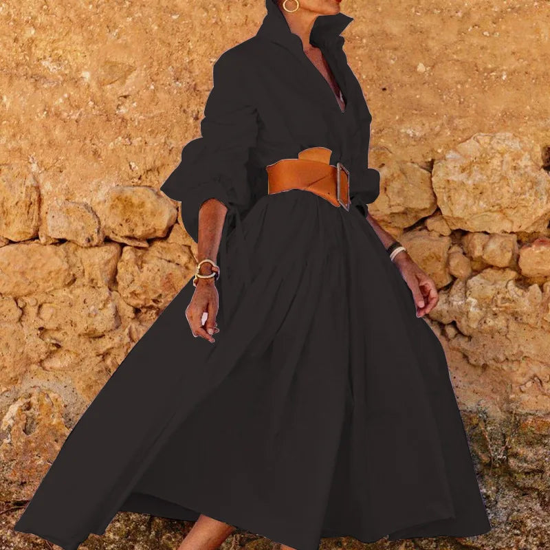 Casual Long Sleeve V-Neck Dress Women's Fashionable Autumn Midi Length A-Line Dress Street Style High Waist Button...