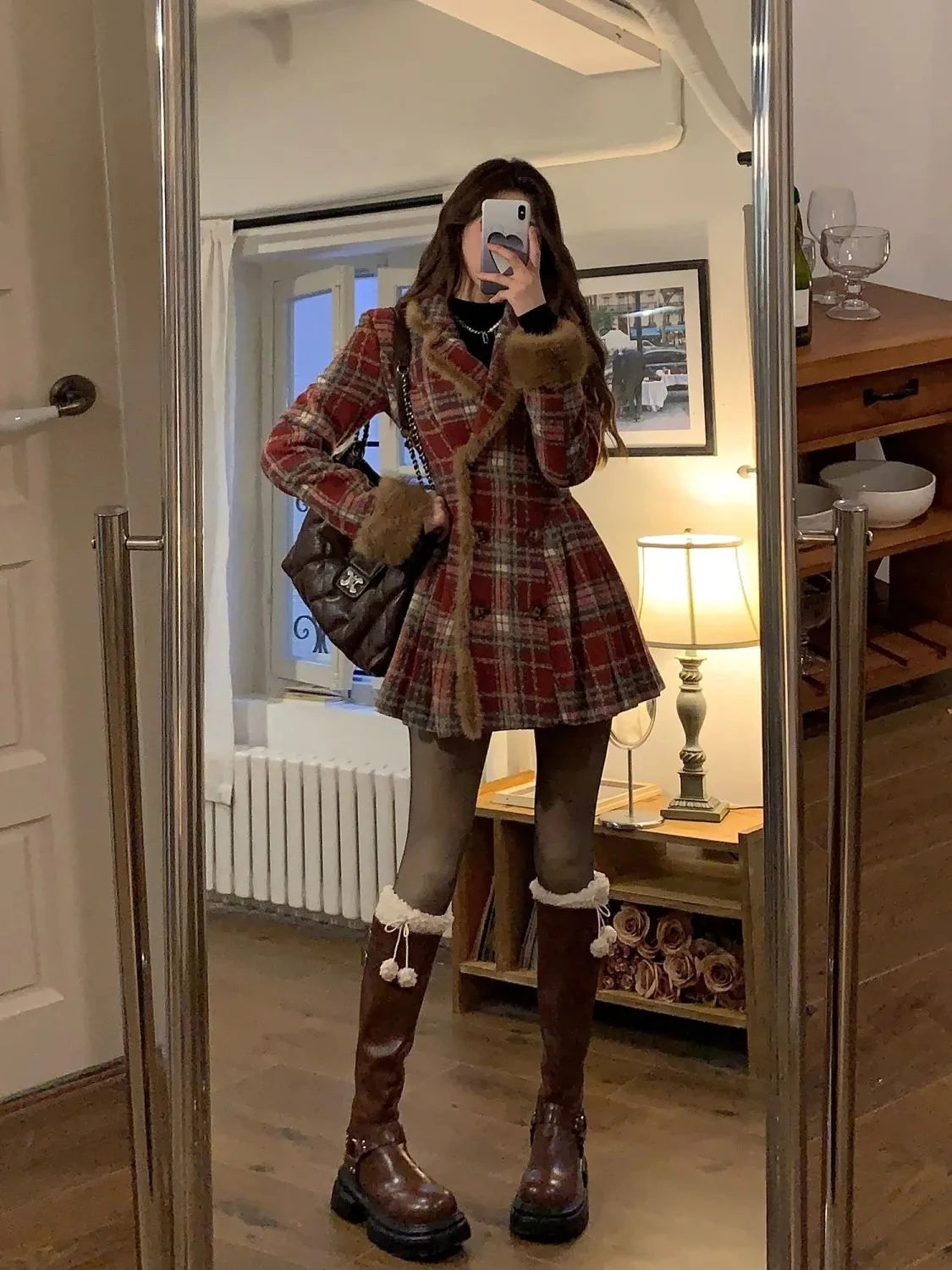 Women's Double Breasted Plaid Coat, Woolen Jacket , V-Neck, Loose Tops, Female Clothes, Sweet, New, Autumn, Winter |...