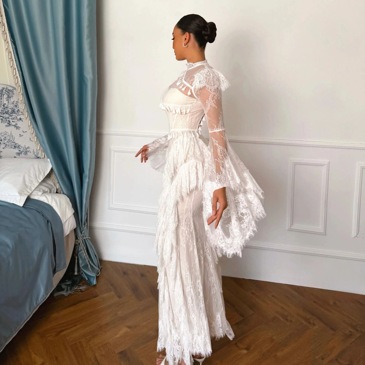Ofherown White Lace Long Sleeve Maxi Dress Women High Neck Ruffle Prom Dress Elegant Formal Evening Gown 2026