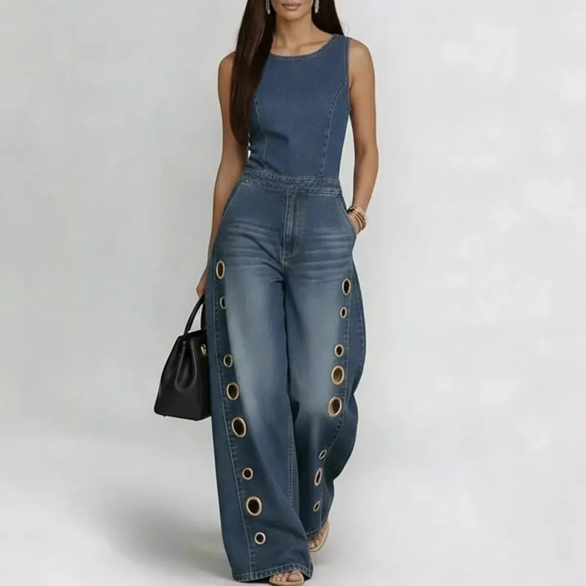 Women's Sleeveless Denim Jumpsuit High Waist Wide Leg Pants with Gold Eyelet Cutout Decor Streetwear Casual Fashion Romper - Kimlud