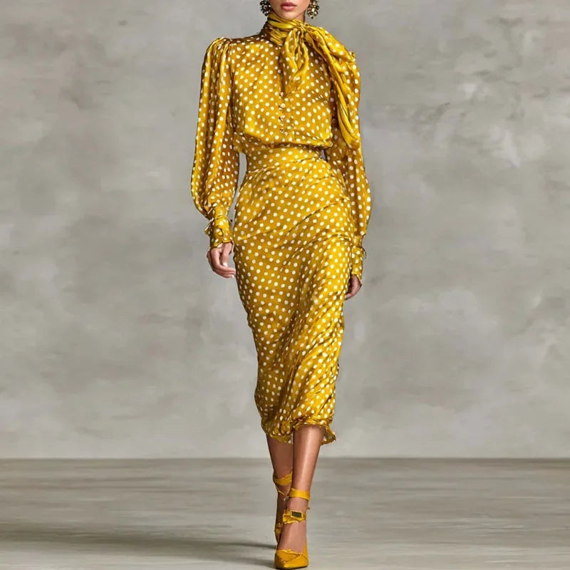 Sexy Bowknot Scarf Polka Dot Print Outfits Woman O Neck Button Blouse Shirt+Pleated Skirt Set Fall Long Sleeve Slim Bodycon Suit