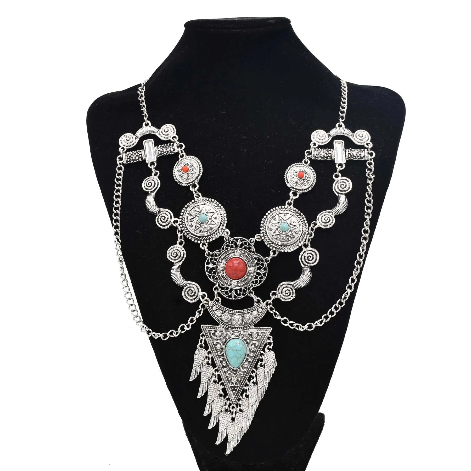 Gypsy Boehmian Hippie Collar Necklaces for Women Big Chunky Tibetan Silver Metal Necklace Festival Turkish Party Jewelry Gift