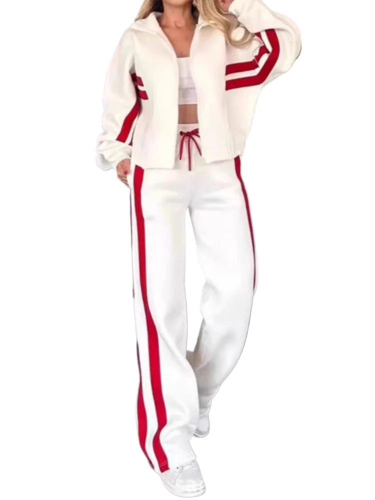 Y2K Striped Zipper Coat+sweatpants Two Piece Set Women Casual Batwing Sleeve Sports Outfits Autumn Winter Sweatshirt Suit