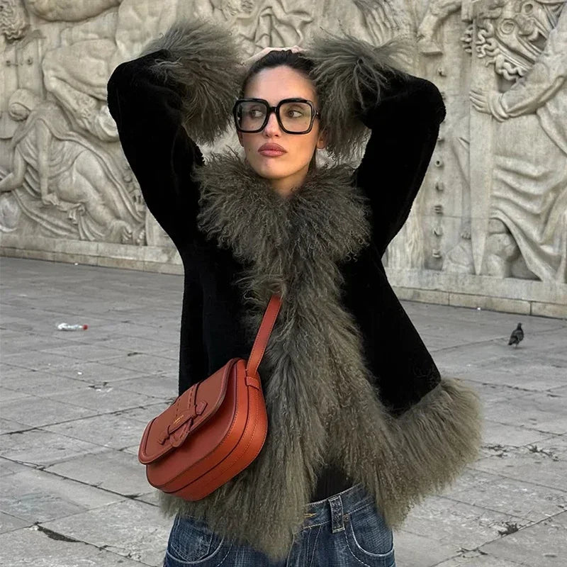 Vintage Patchwork Women's Faux Fur Trim Coat Urban Lapel Full Sleeve Female Jacket Female 2026 Spring Winter Lady Streetwear New