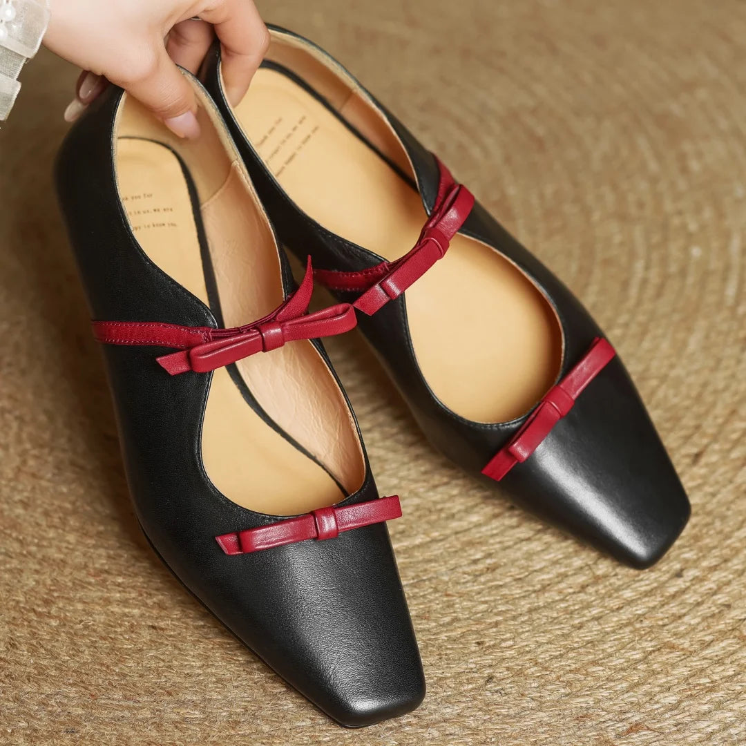 Women's cow leather double bowtie slip-on flats loafers square toe high quality female sweet daily moccasins shoes for woman hot - Kimlud