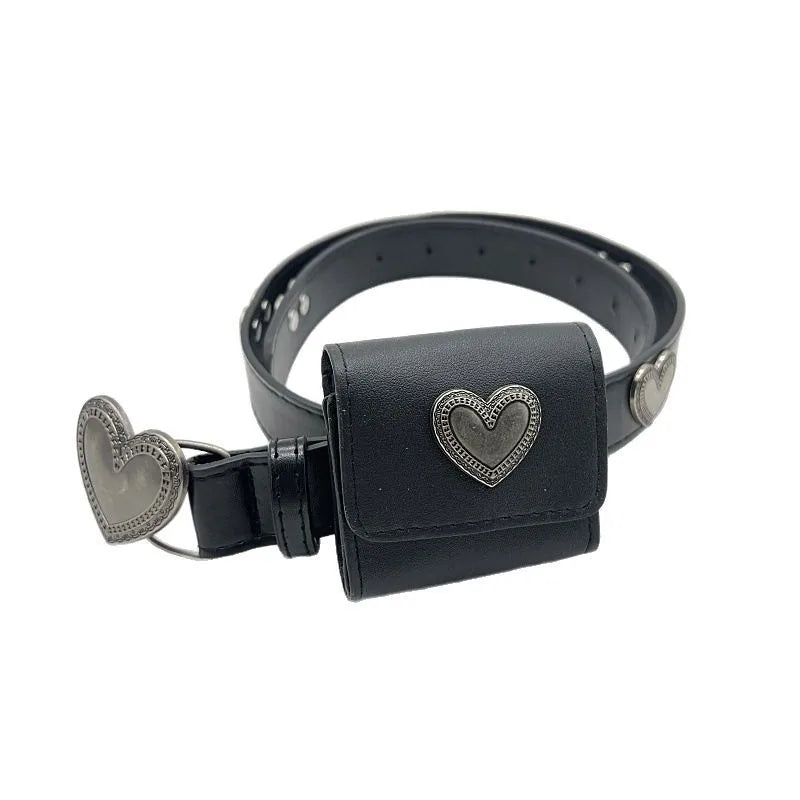 No Buckle Women Casual PU Leather Belt Retro Heart Design Black Small Square Waist Bag Ins Style Summer Versatile Accessory - Kimlud