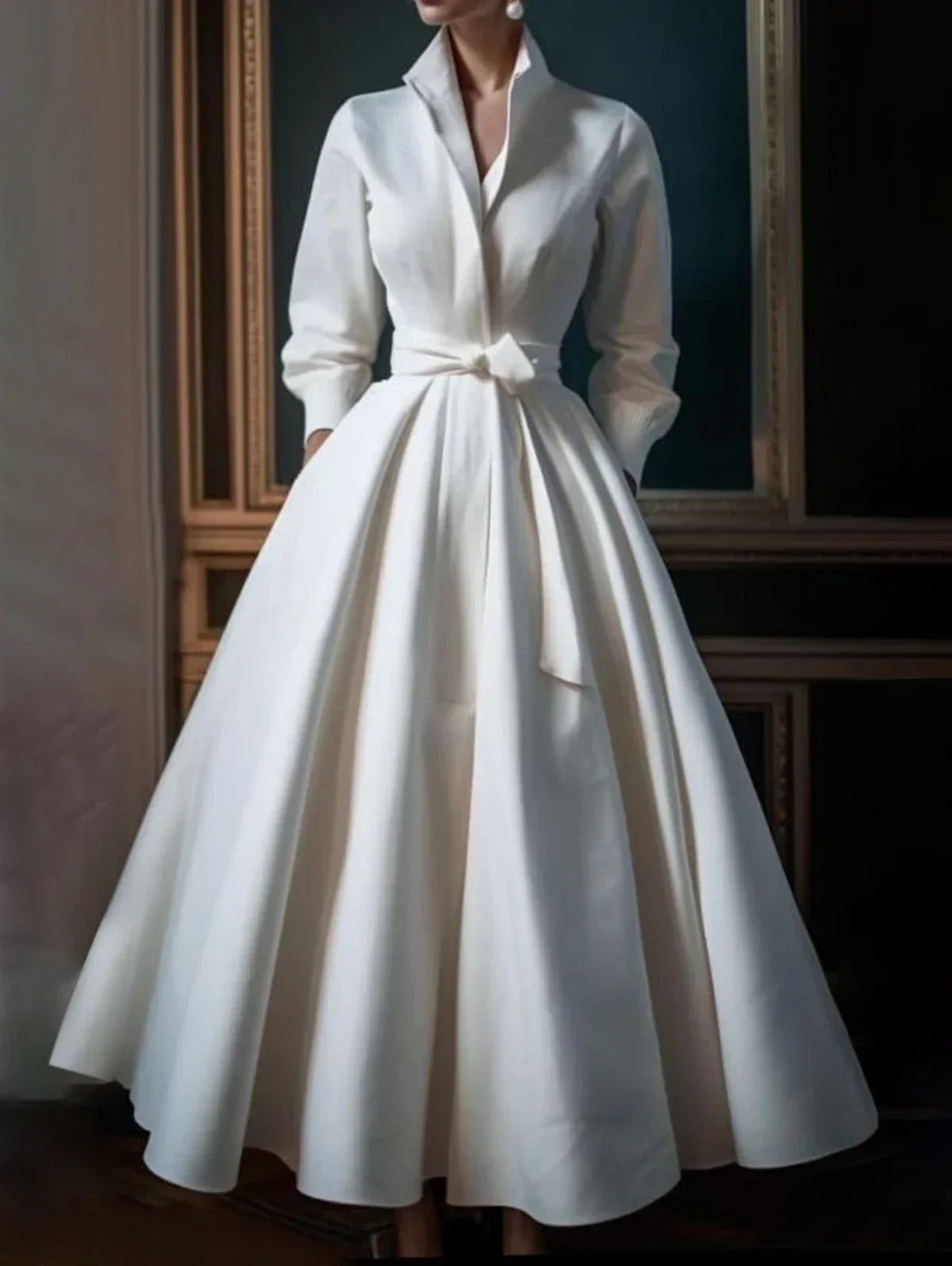 Women Elegant Shirt Dress Long Sleeve Stand Collar White Minimalist A-Line Pleated Wedding Guest Long Dresses with Blet...