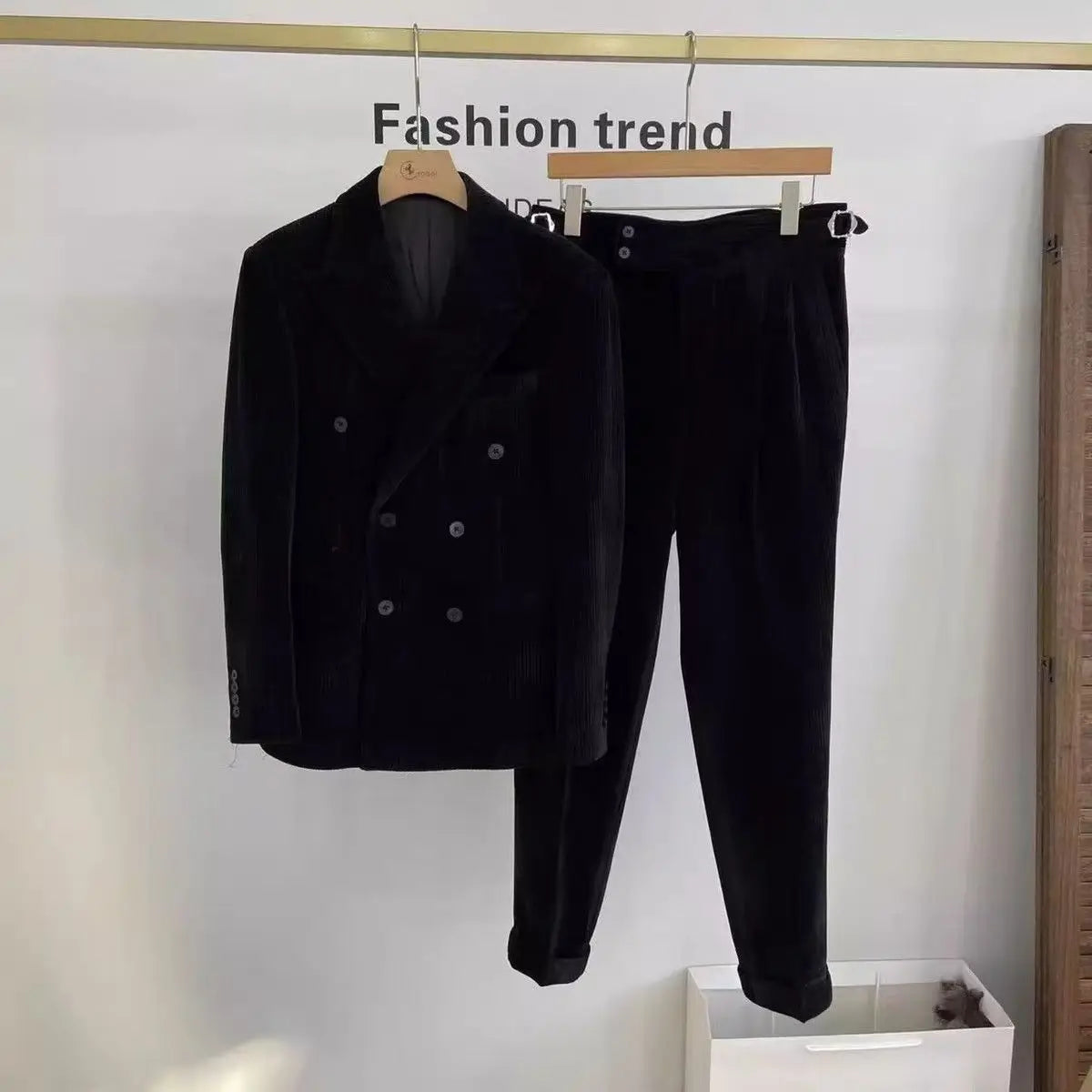 British Style Men's Corduroy Casual Double Breasted Suit And Naples Pant Two-piece Set Fashion Vintage Business Suits Outfits