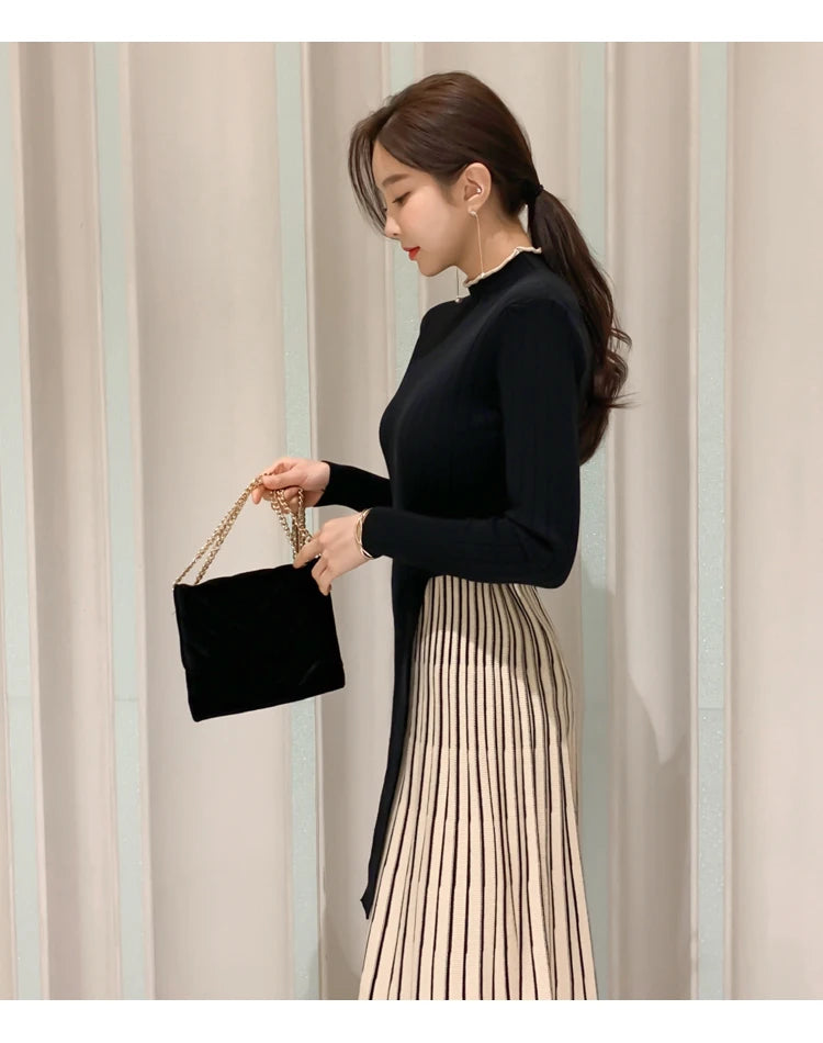 H Han Queen New Winter Elastic Knitted Dresses Women Color matching Lace-up Sweater Dress Fashion Slim Work Office Vestidos - Kimlud