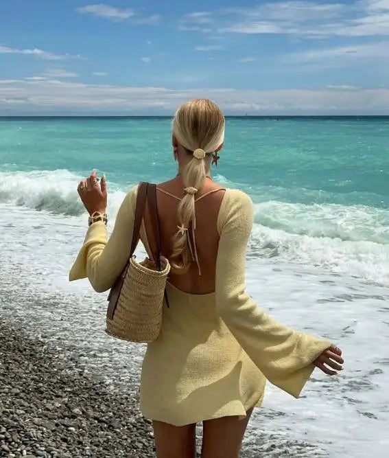 Women Dresses 2026 New Spring Summer Solid Color Spicy Girl Fashion Elegant Round Neck Long Sleeve Backless Slim Mini...