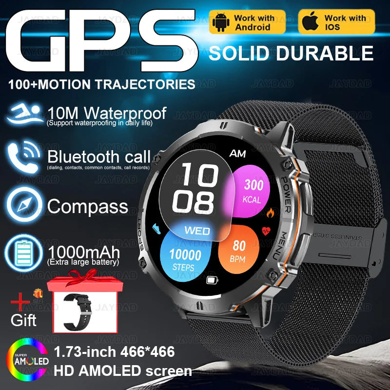 2025New Outdoor Military GPS Compass Smart Watch Men 1.73"HD AMOLED Screen 1000MAH Heart Rate BT Call IP68 Waterproof Smartwat