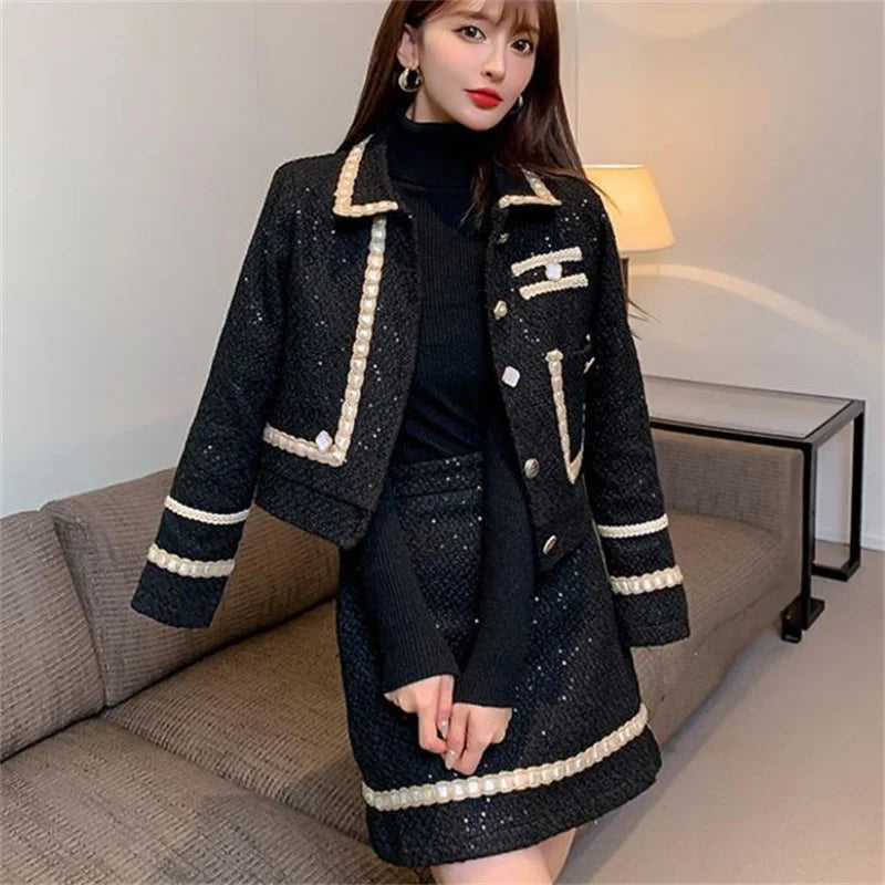 Female Xiaoxiang Style Short Jacket Tops Skirt 2 Piece Set Autumn Winter Lady Tweed Wool Jacket Mini Skirts 2PCS Women...