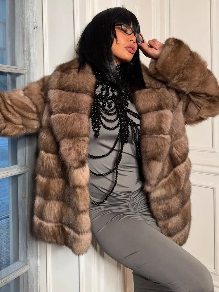 Women Patchwork Faux Fur Coat Elegant Contrast Full Sleeve Lapel Loose Long Staple Plush Jacket Winter High Street Outerwears