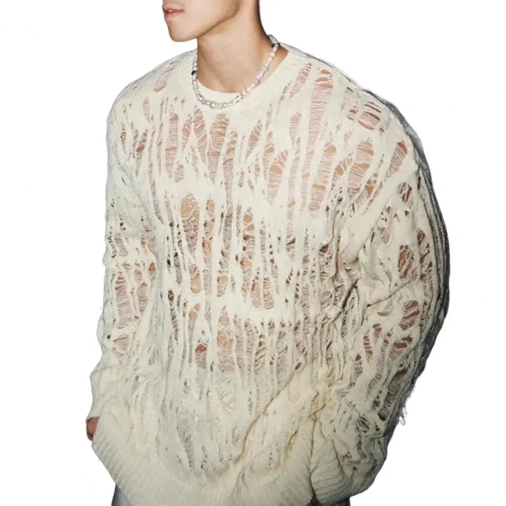 Men Tops Hollow-Out Mesh Knit Tops Crew Neck Long Sleeve Knitted T-Shirt Men Clothing Retro T-Shirt Spring Streetwear - Kimlud