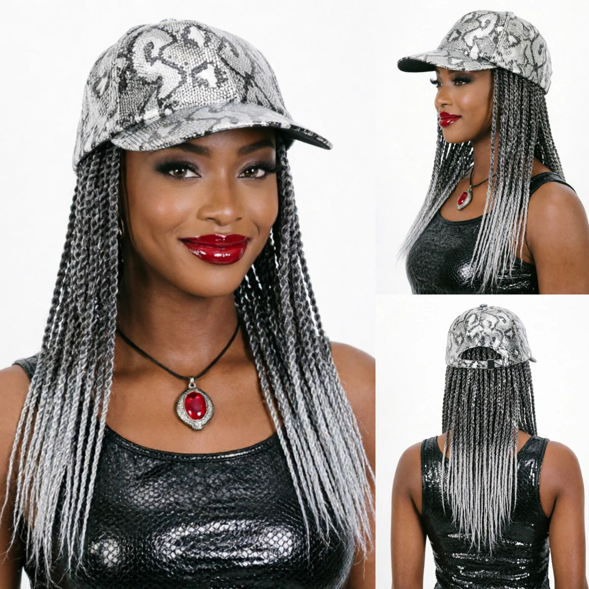 Silver Grey Snake Print Goddess Locs Cap Wig Pre-looped Faux Locs Baseball Hat Wig Braided For Black Women-Wigera |...