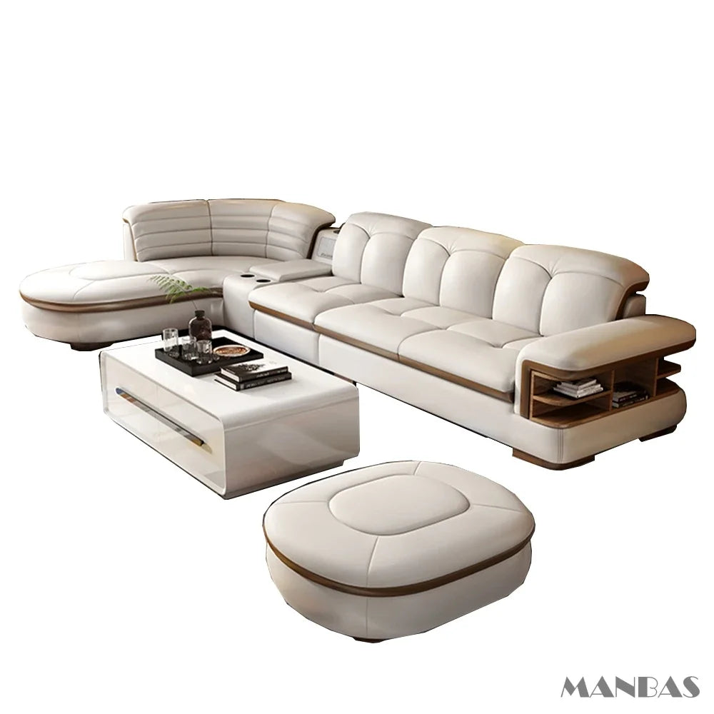 Luxury L-Shaped Genuine Leather Sectional Sofa Sets with USB, Bluetooth Speaker - Linlamlim Living Room Italian Leather Couches - Kimlud