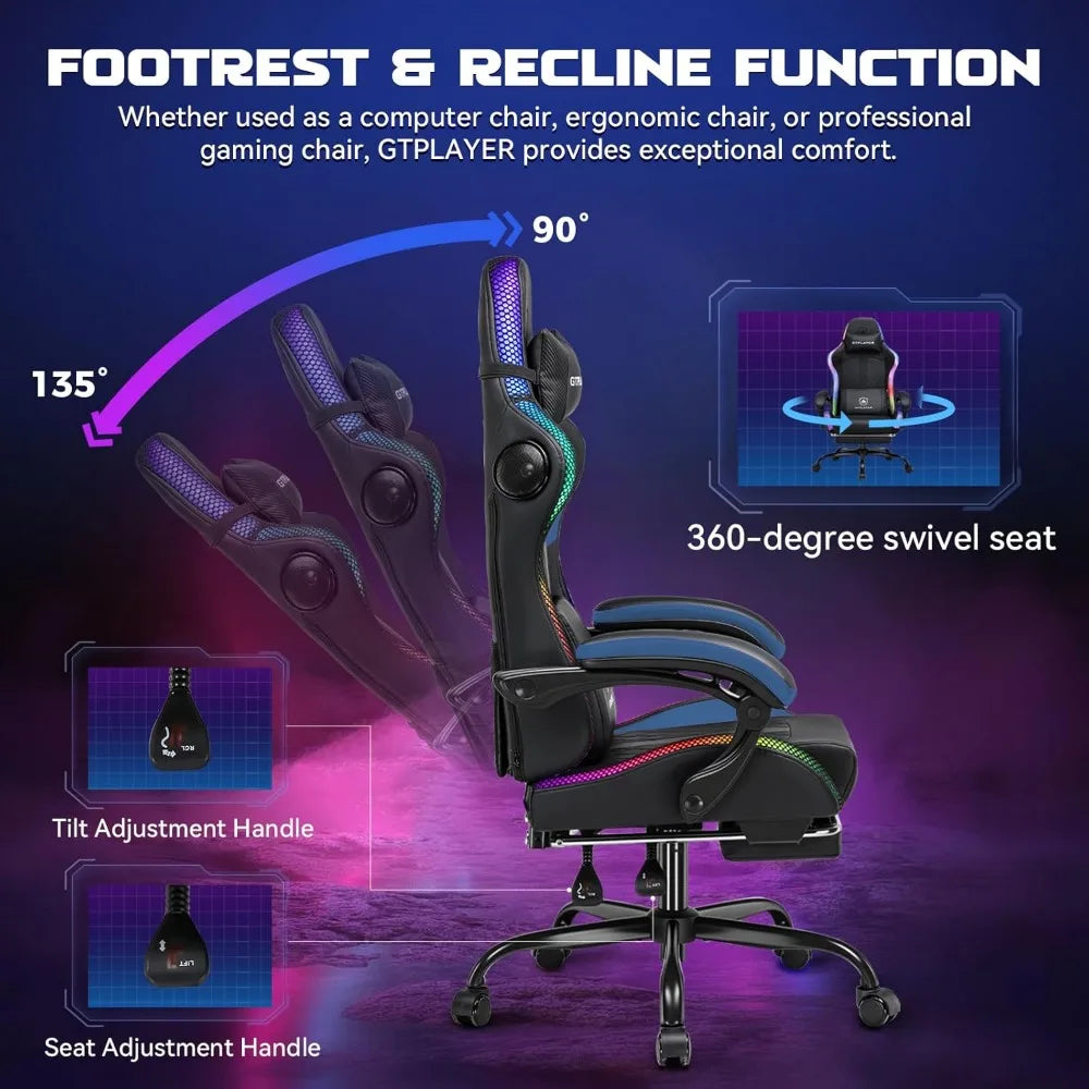 RGB Gaming Chair with Speakers and LED Lights, Ergonomic Computer Chair for Adults, High Backrest, Comfortable for PC Gamers, In