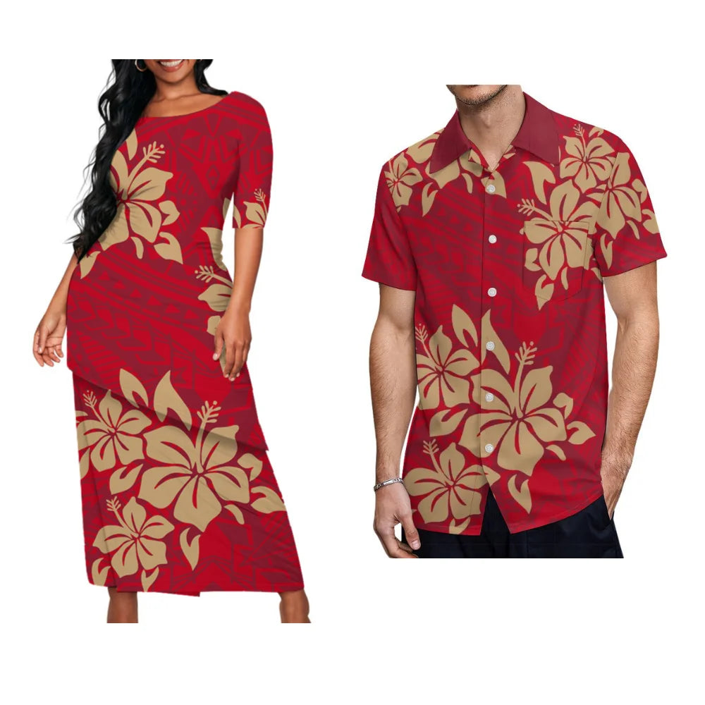 Polynesian Floral Print Custom Summer Crew-Neck Puletasi Diagonal Design New Set Dress For Valentine'S Day Matching Clothing - Kimlud