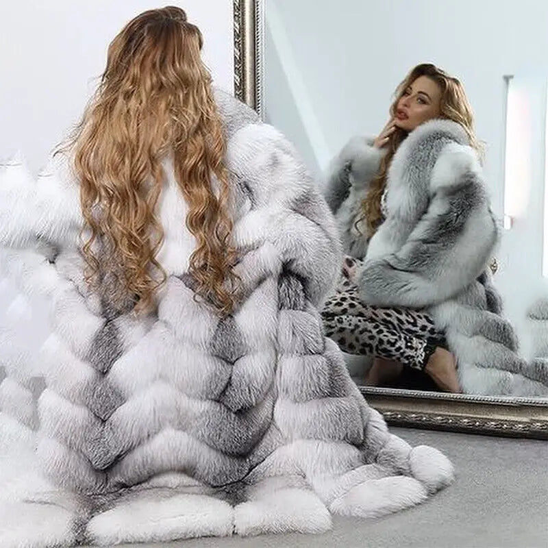 Luxury Women Genuine Cross Fox Fur Coat Full Pelt Natural Fox Fur Collar Thick Outwear Winter Warm Real Fur Overcoats